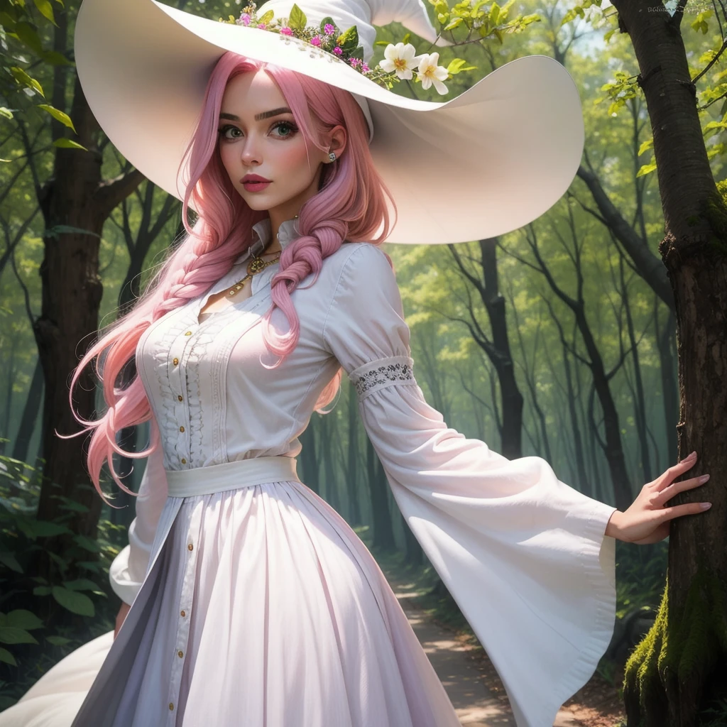 make a woman, with pink hair and white clothes like a nature witch