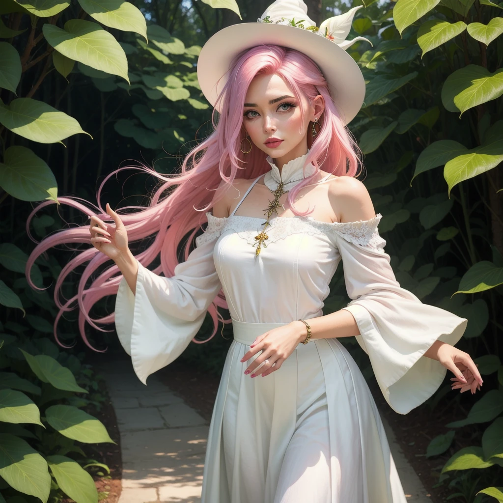 make a woman, with pink hair and white clothes like a nature witch