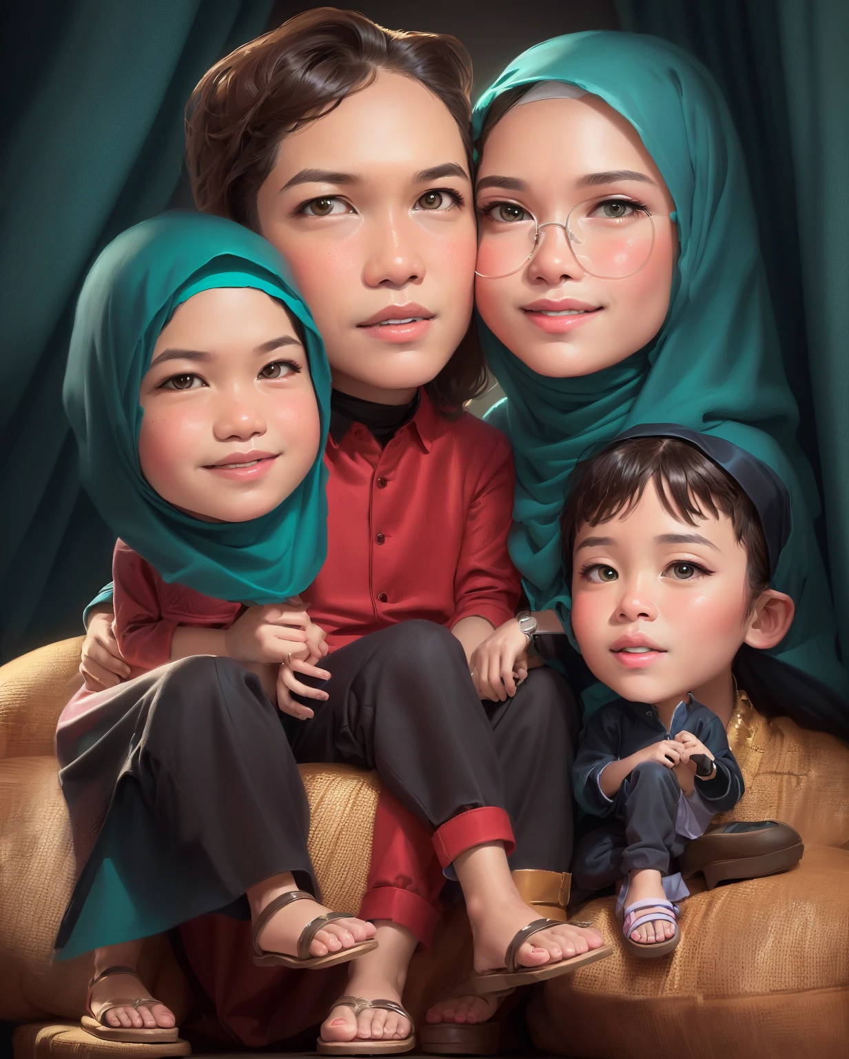 arafed family portrait with a father and a mother hijab and two children, Women wear hijab, and Muslim clothing, Wearing shoes and sandals, cartoon digital art, cartoon artstyle, digital art cartoon, in cartoon style, realism artstyle, cartoon art style, cartoon art, potrait, cartoon digital painting, caricature illustration, cartoon style illustration, an indonesian family portrait, happy family, digital cartoon painting art, cartoon portrait, family portrait