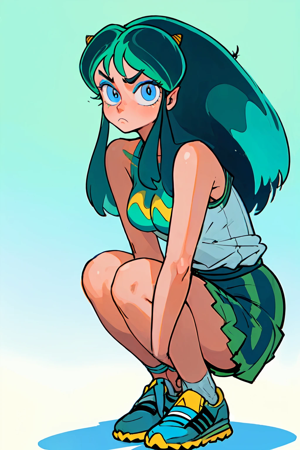 (ultra-detailed), (high resolution), lum, 1girl, solo, long hair, breasts, blue eyes, medium breasts, green hair, horns, makeup, white gradient background (girl Whole body :1.3), squatting legs, (beautiful detailed light blue eyes), the anatomy is correct, anatomically correct fingers, Adidas Clothing, frown, fume, jitome, best quality, (masterpiece), (high quality), 16k, super detail