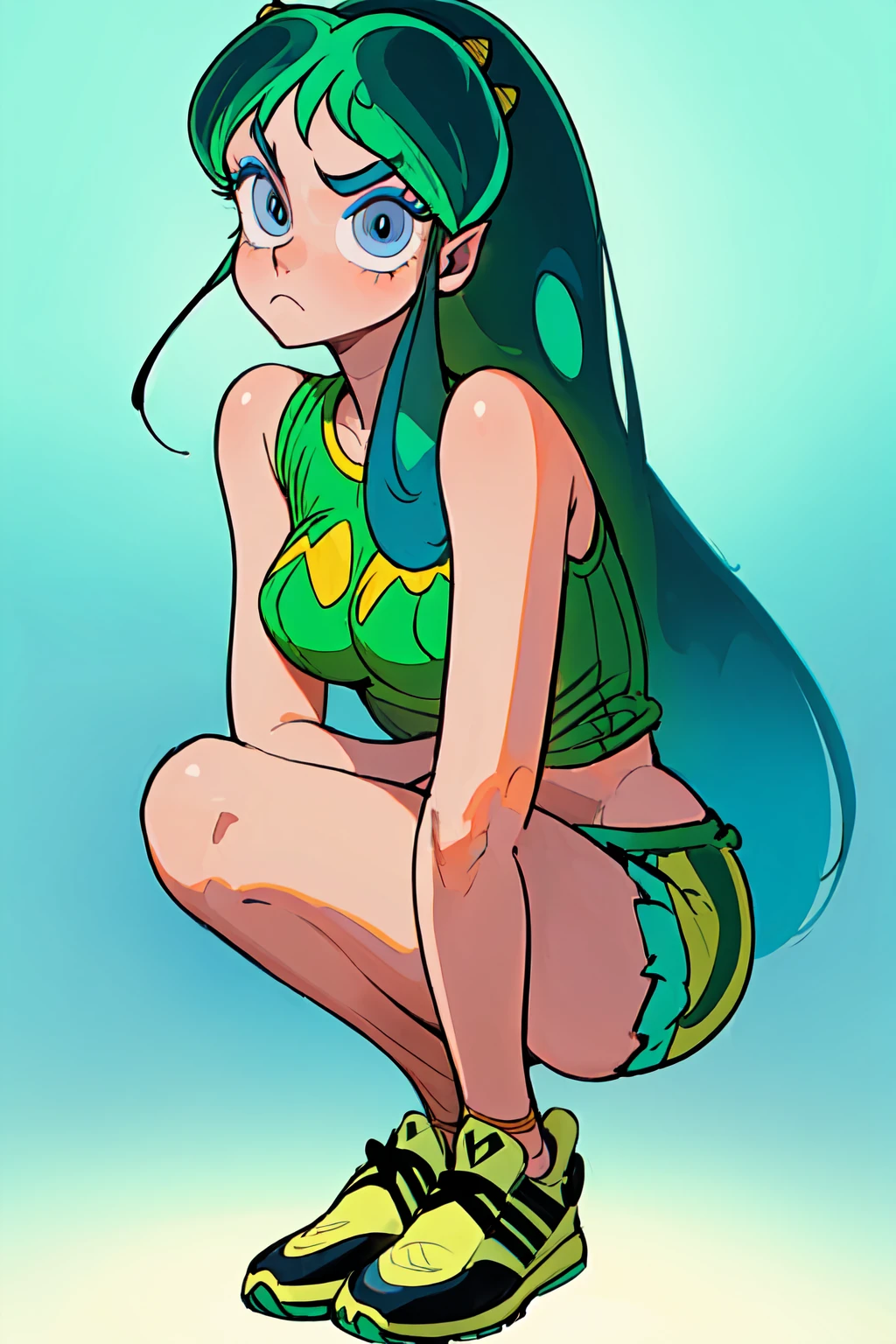 (ultra-detailed), (high resolution), lum, 1girl, solo, long hair, breasts, blue eyes, medium breasts, green hair, horns, makeup, white gradient background (girl Whole body :1.3), squatting legs, (beautiful detailed light blue eyes), the anatomy is correct, anatomically correct fingers, Adidas Clothing, frown, fume, jitome, best quality, (masterpiece), (high quality), 16k, super detail