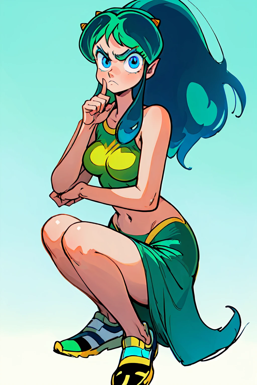(ultra-detailed), (high resolution), lum, 1girl, solo, long hair, breasts, blue eyes, medium breasts, green hair, horns, makeup, white gradient background (girl Whole body :1.3), squatting legs, (beautiful detailed light blue eyes), the anatomy is correct, anatomically correct fingers, Adidas Clothing, frown, fume, jitome, best quality, (masterpiece), (high quality), 16k, super detail