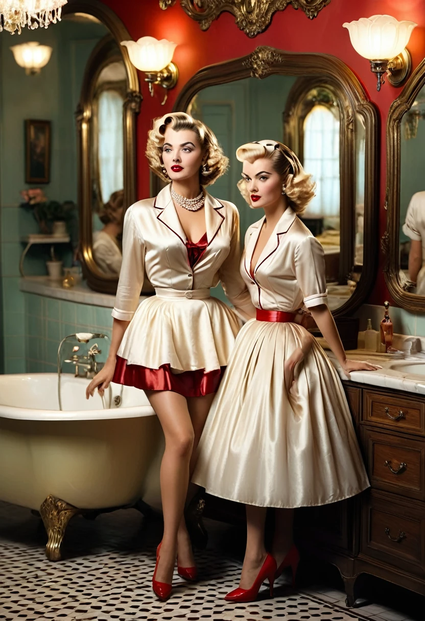 (RAW, Best quality, high resolution, Masterpiece: 1.3), Beautiful scene from the 1950s, ((Hombres y mujeres de los 50s)), ((With typical clothes from the 50s)), enjoying themselves at home in a luxuary bathroom, ((scenery set in a very big bathroom)), 1950s cinematic, image super defined, ((Personas y lugar Hiperrealismo)), 8k. The scene transports us back to the era of the 1950s, filled with classy women dressed in the fashion of that time. white silk, They are gathered around a nude blonde woman,the girls are wearing typical clothes from the 50s, low cut dresses, and sexy red underwear,