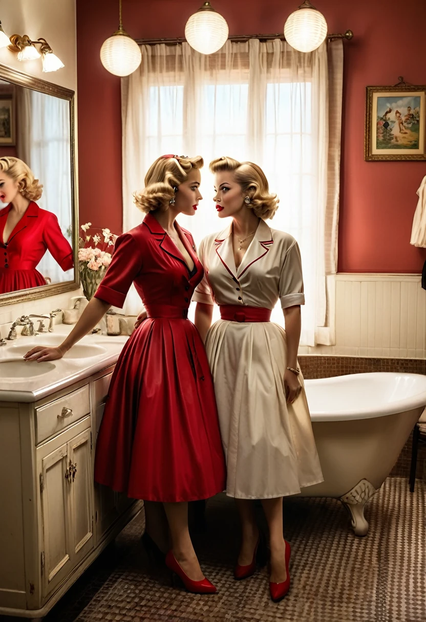 (RAW, Best quality, high resolution, Masterpiece: 1.3), Beautiful scene from the 1950s, ((Hombres y mujeres de los 50s)), ((With typical clothes from the 50s)), enjoying themselves at home in a luxuary bathroom, ((scenery set in a very big bathroom)), 1950s cinematic, image super defined, ((Personas y lugar Hiperrealismo)), 8k. The scene transports us back to the era of the 1950s, filled with classy women dressed in the fashion of that time. white silk, They are gathered around a nude blonde woman,the girls are wearing typical clothes from the 50s, low cut dresses, and sexy red underwear,