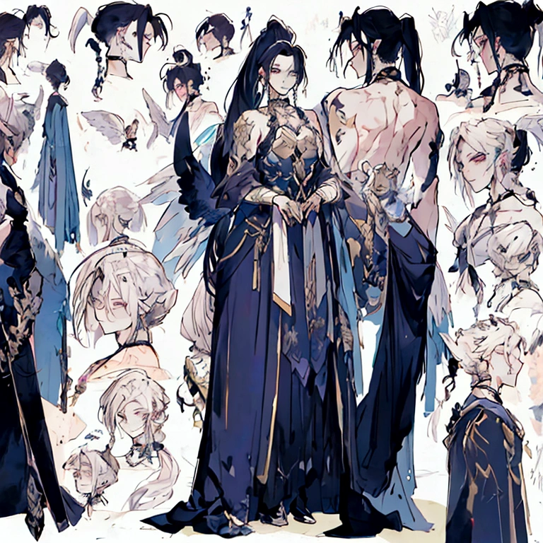(Masterpiece, best quality), detailed, 1 man, ((character concept art)), ((character design sheet, same character, front, side, back)), full body, body complete, 1 Male, 1 Man, Detailed face, character design sheet,full bodyesbian, Highly detailed, character sheet, character design, Many parts, dark skin, angel wings, long ponytail purple hair, male angel outfit, masculine, muscle male god, muscle man, male muscle, manly, male angel, Muscle male with purple long ponytail hair, beautiful man