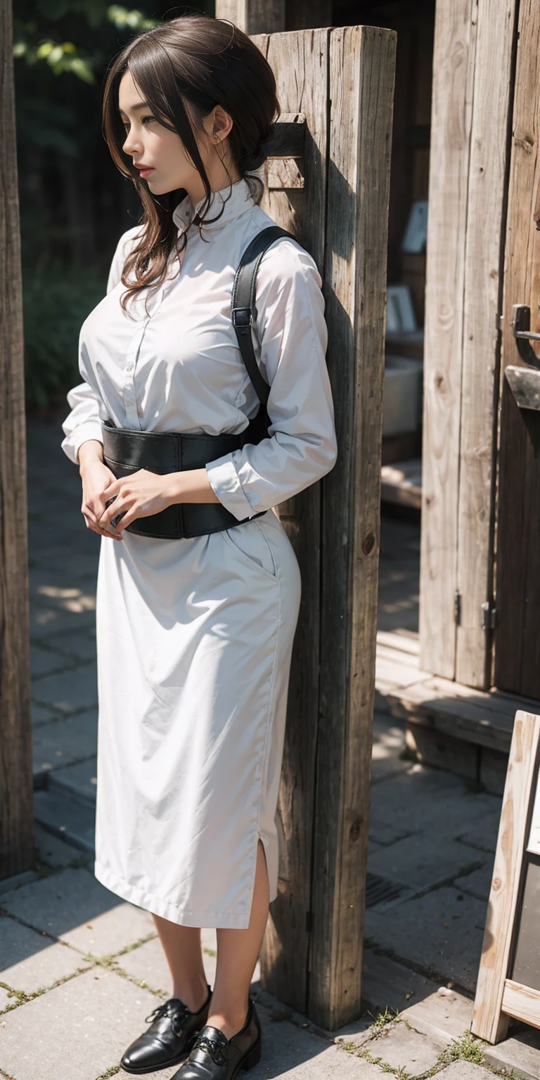 Mature Female, STANDING BY WOODEN POLE