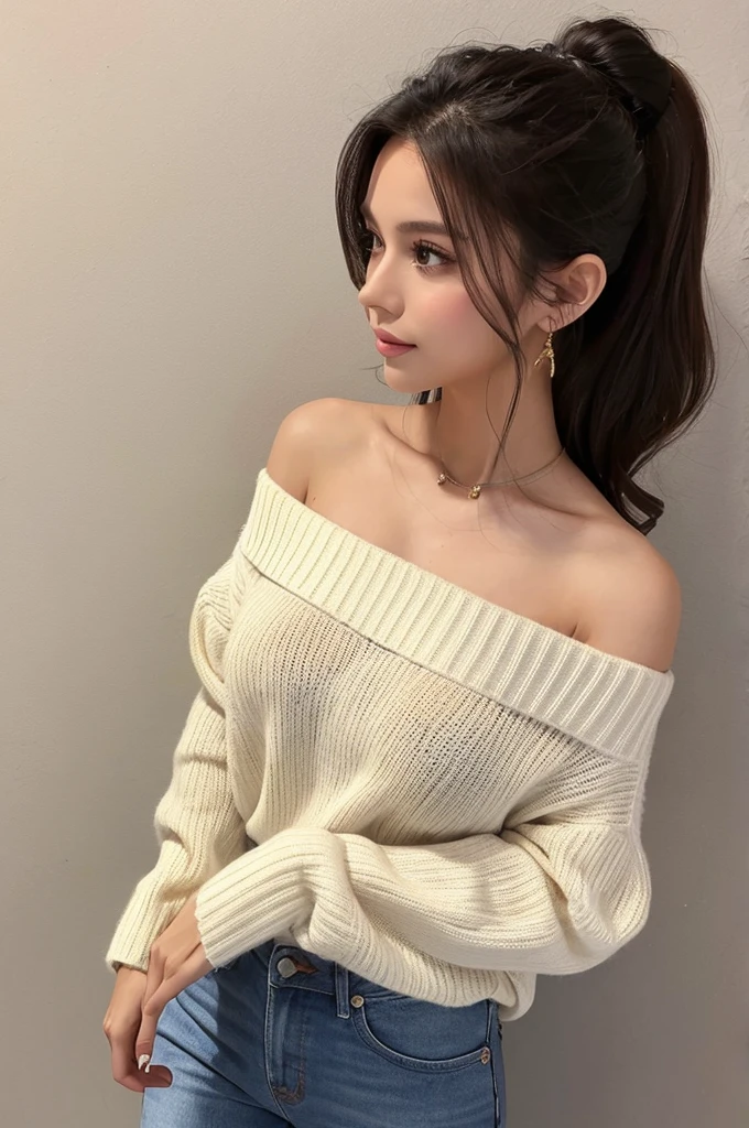 ((highest quality)), ((masterpiece)), (detailed), One girl, Off-the-shoulder sweater,