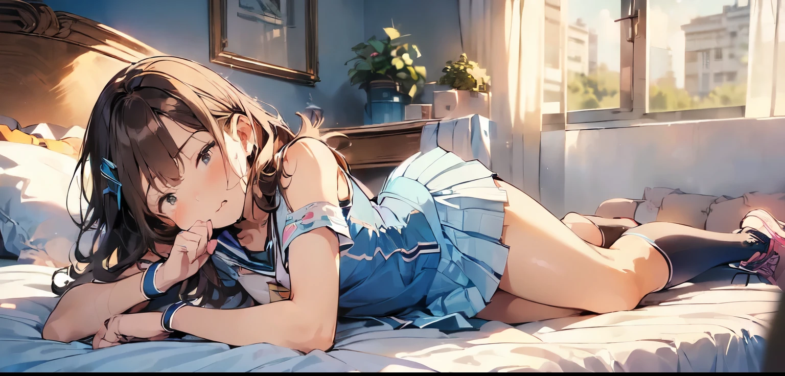 (((missionary position vaginal sex))),(((having vaginal sex))), (((two girls))),delicate and cute girls with brown hair,((cheerleading uniform)),(((tennis uniform))),(((cheergirls dress))),(tcheerleader)))、16years、Super8K Ultra High Definition、Delicate texture、 Medium Hair、flat chest、(((pleated mini skirt)))、(((Wear a cheergirls wear )))、,Plain clothes,spreading her legs,exposed panties,nsfw,middle breast,(((in hotel))),(((lying down on the bed,spreading legs open wide with knees bent,creating the shape of the letter M))),(((detailed race panties))),Wearing panties、),penis,penis insert(((blue taste cheergirls uniform))),showing armpit