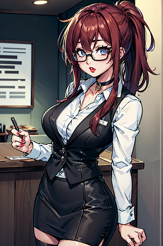 cel shading, detailed eyes, highly detailed, masterpiece, best quality, solo woman, black square glasses, hair between eyes, long side locks, long dark red hair, detailed nose, red lipstick, hair in long ponytail, ponytail, black choker, pencil skirt, white long sleeve, black vest, stockings, bartender woman, 