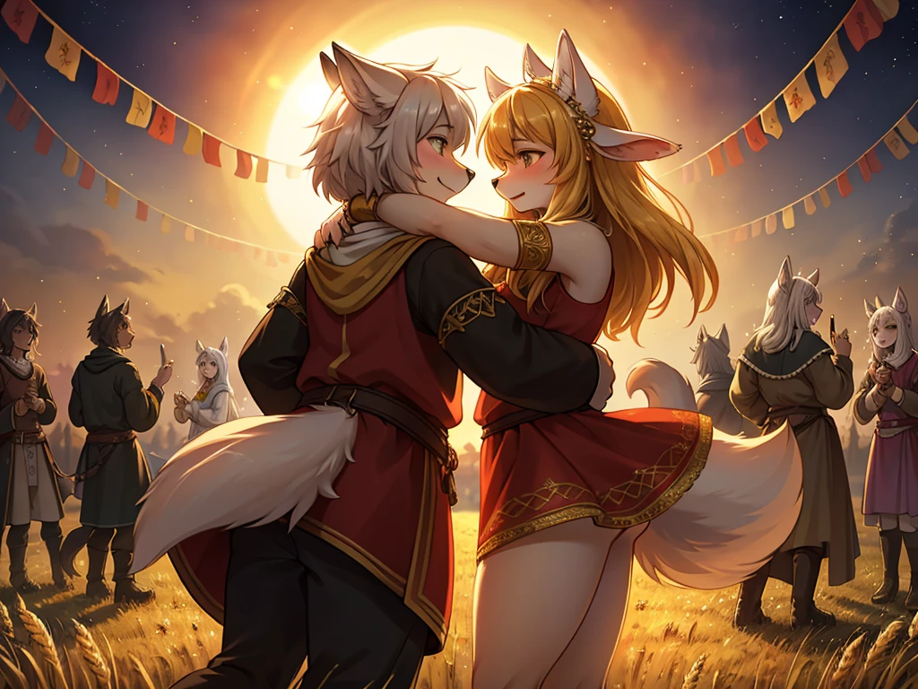 Hallucination, daydream , nightmare , bokeh , messy Wolves and sheeps Courtship dancing in a sea of golden wheat , sun set , dancing blur , Clothing of peasant women in medieval Europe , Sexual freak festival , Feeling open-minded and bold , Kama Sutra