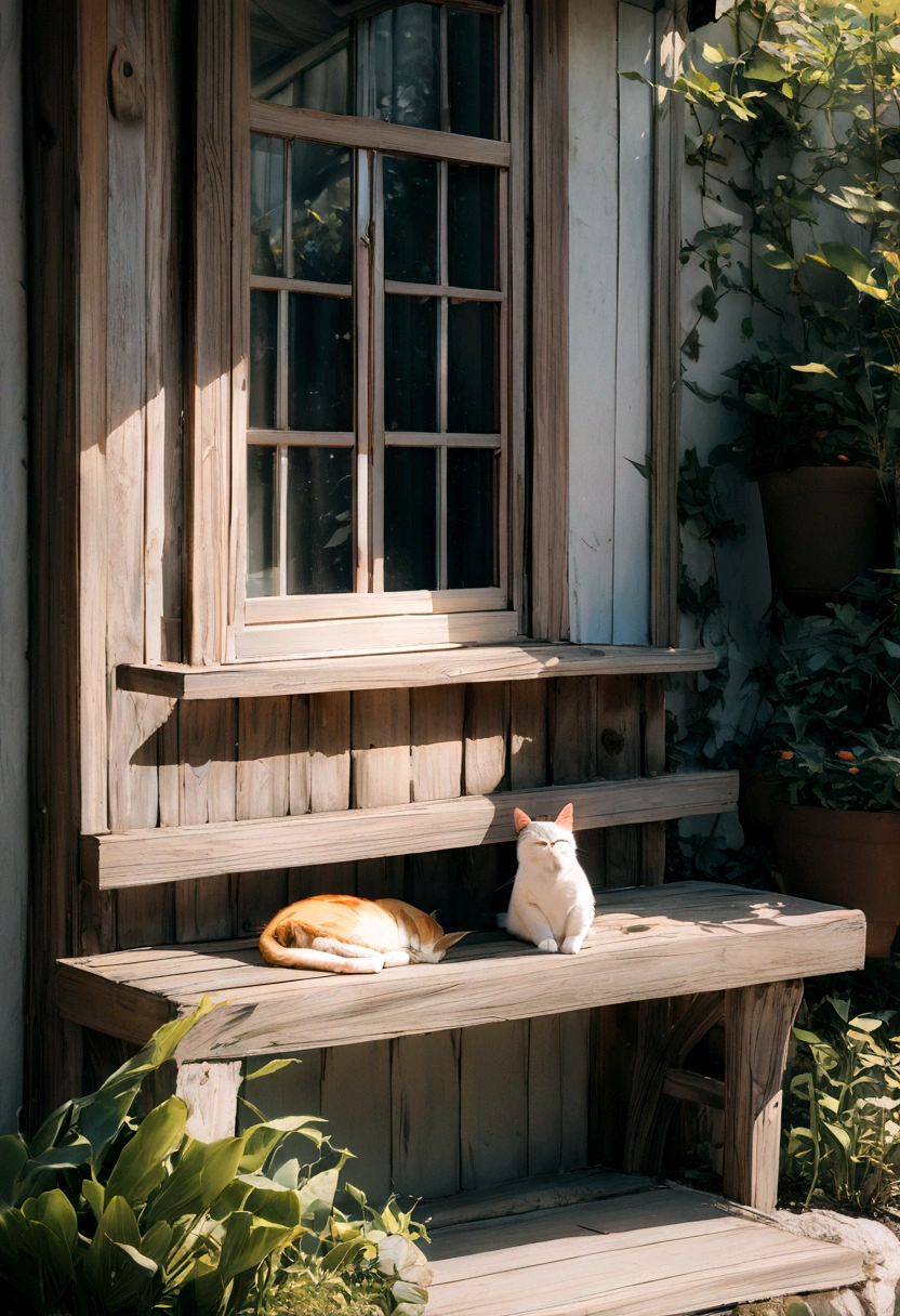 (8k, RAW Photos, highest quality, masterpiece: 1.2),Raising a lazy cat sleeping on a windowsill near the garden on a sunny day