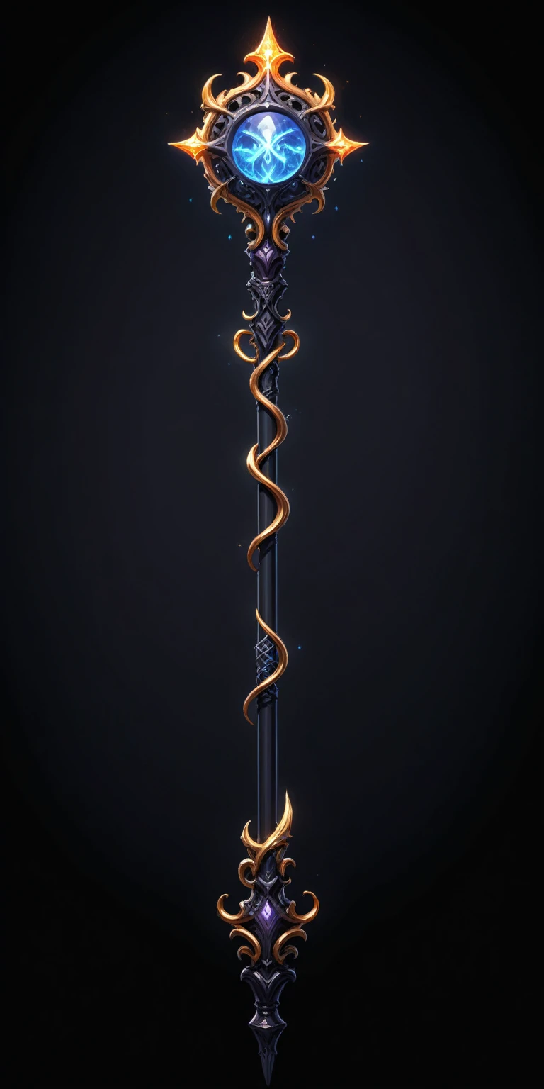 pixel art, cartoon illustration, Divine glavie greatstaff, Powerfull Magical theme, simple black background, RPG game icon