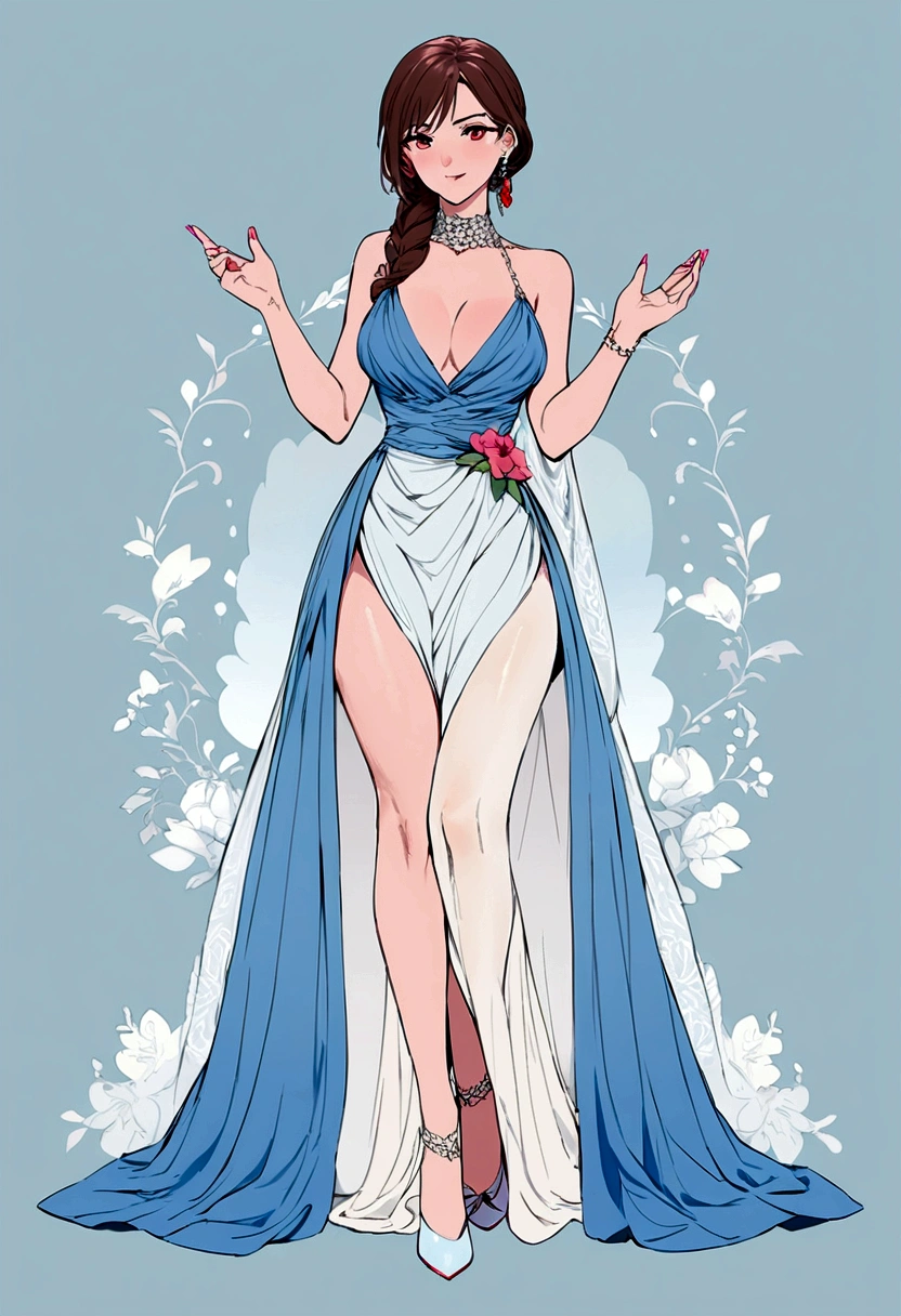 Lara Croft from the game Tomb Raider in a very sexy evening dress in the color Blue White Red she wears a pair of heels open to the feet with a beautiful pink nail polish