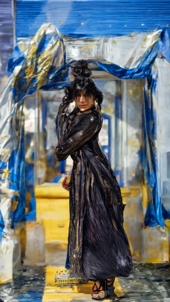 An award-winning photo，A beautiful, hot, goth, muscle mommy, woman，Beautiful eyes and, Messy bun, disheveled black hair, dominating character, High contrast, Beautiful eyes, absurderes, 8K, (High quality:1.3), artstation hd, concept-art, Detailed face and body, Award-winning photography, sexy revealing outfit