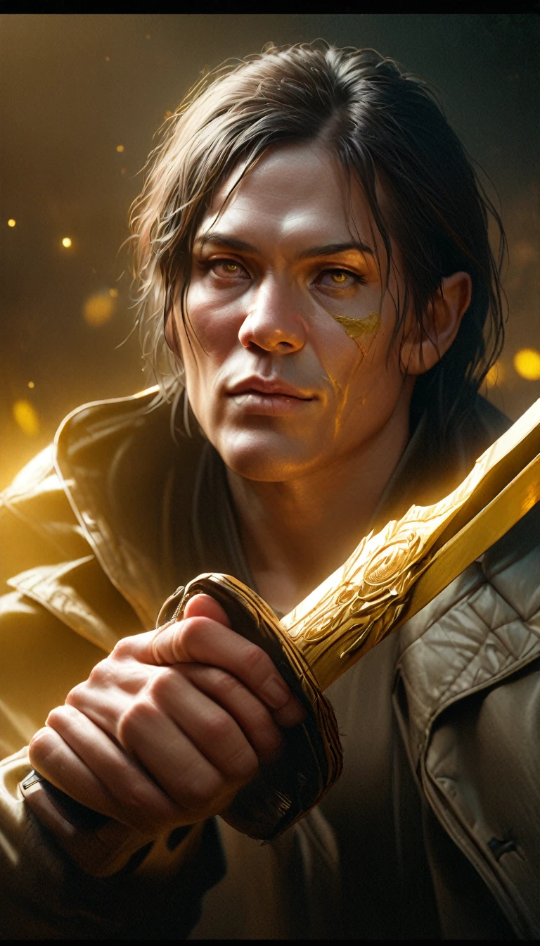 1 man with short black hair, piercing yellow eyes, wearing a white shirt, black pants, and a white coat, holding a katana with a glowing yellow blade in one hand, calm, lone, (best quality,4k,8k,highres,masterpiece:1.2),ultra-detailed,(realistic,photorealistic,photo-realistic:1.37),extremely detailed face and eyes,detailed facial features,cinematic lighting,dramatic atmosphere,dark moody colors,vibrant yellow accents