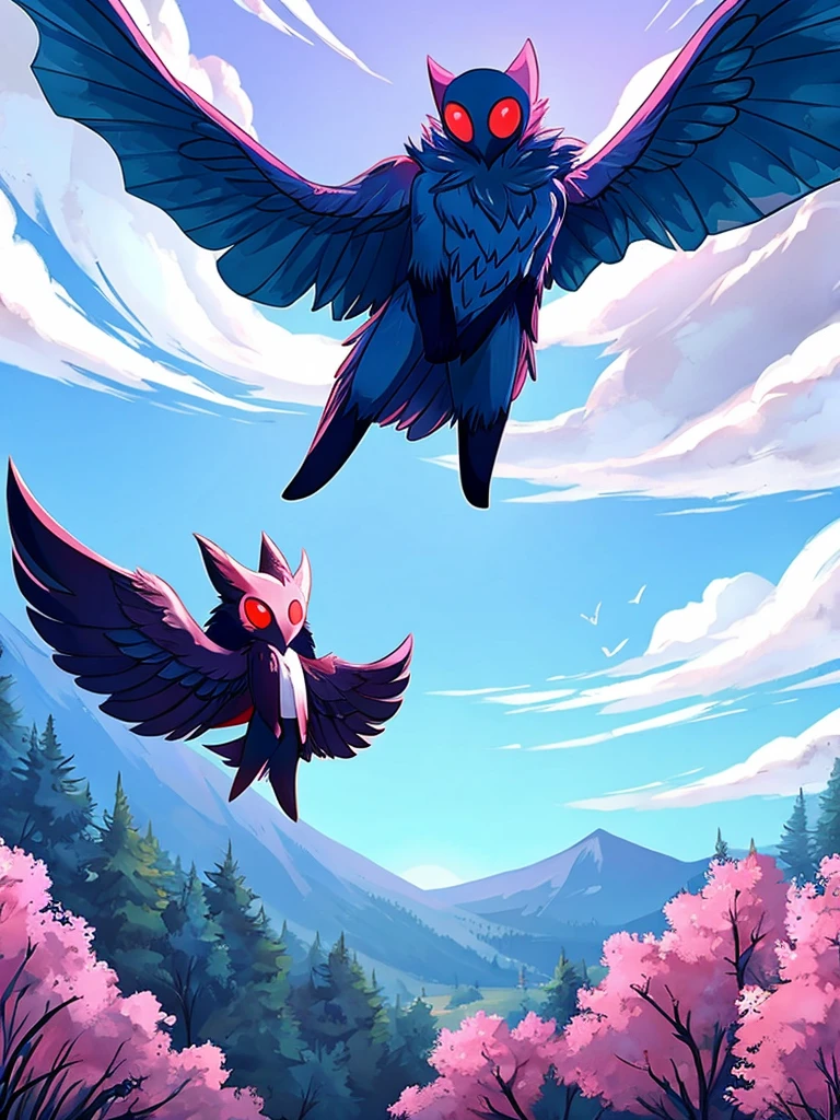 Mothman, cryptid, cute, flying over the woods, blue pink and white sky, blue pink and white color scheme 
