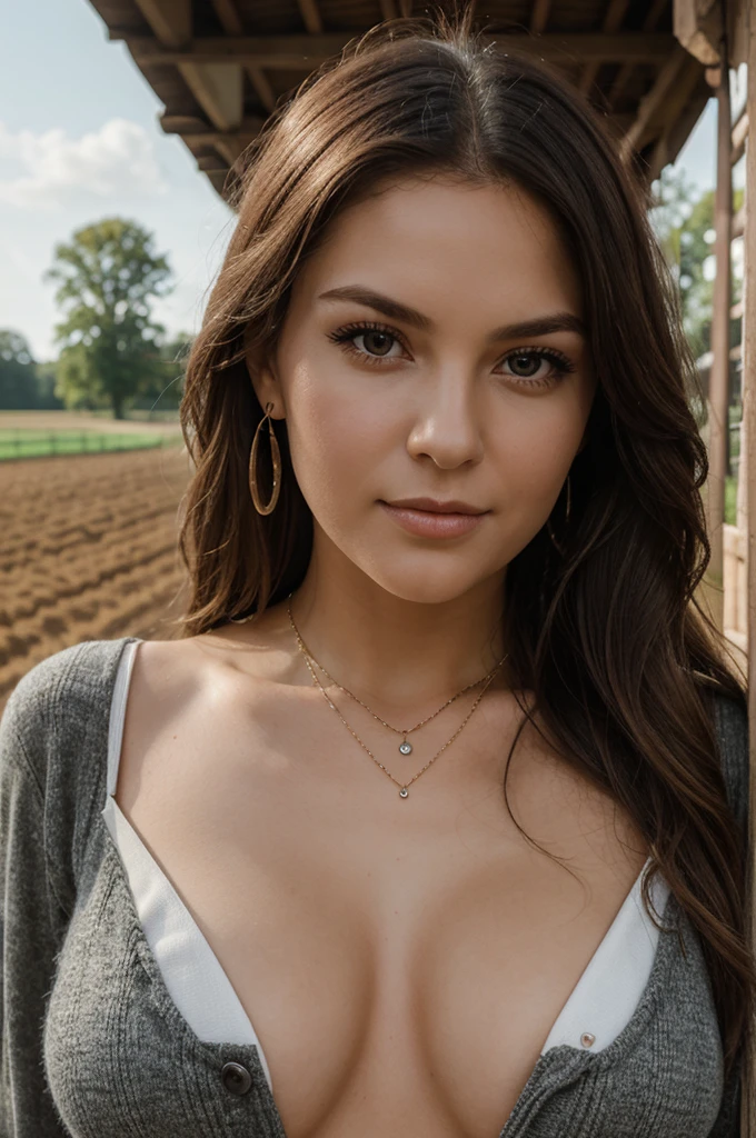 1girl in, 30 years old, Square face, Long hair, Looking at viewer, jewelry, Realistic, , farm outfit, farm background, free upper body pose