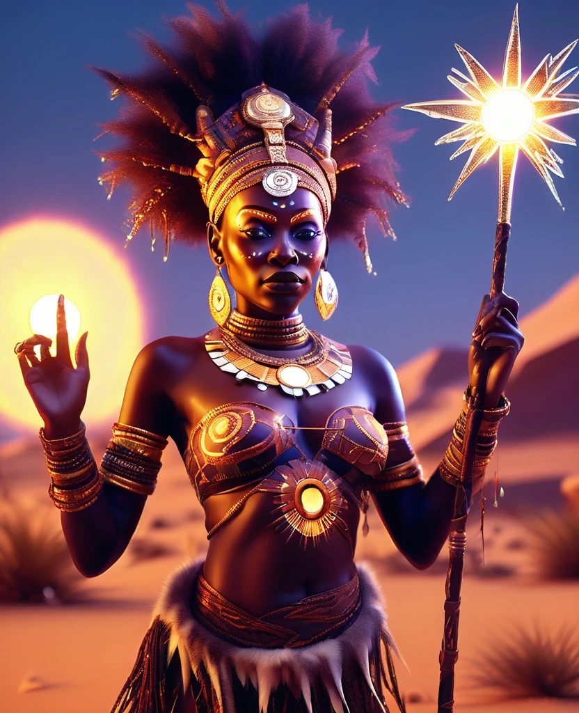 Full body shot of African shaman woman dressed in african designed dress made from hides and fur, holding a glowing stick, the solar planet star signs in the background, 32k, ultra HD, unreal engine rendered, hyper-realistic image, planet star signs shining with cinematic light providing a magical and fantasy scenery. 