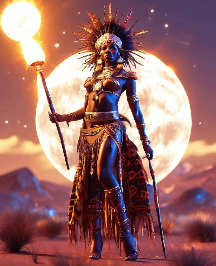 Full body shot of African shaman woman dressed in african designed dress made from hides and fur, holding a glowing stick, the solar planet star signs in the background, 32k, ultra HD, unreal engine rendered, hyper-realistic image, planet star signs shining with cinematic light providing a magical and fantasy scenery. 