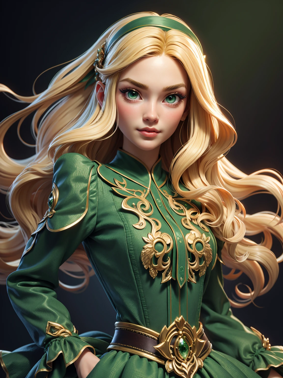 3dmm style,(masterpiece, top quality, best quality, official art, beautiful and aesthetic:1.2), (fractal art:1.3),Green clothing1girl, beautiful, high detailed, blonde hair, long hair, wavy hair, hairband, makeup, eyeshadow, mascara, lipstick, dark lighting, serious face,