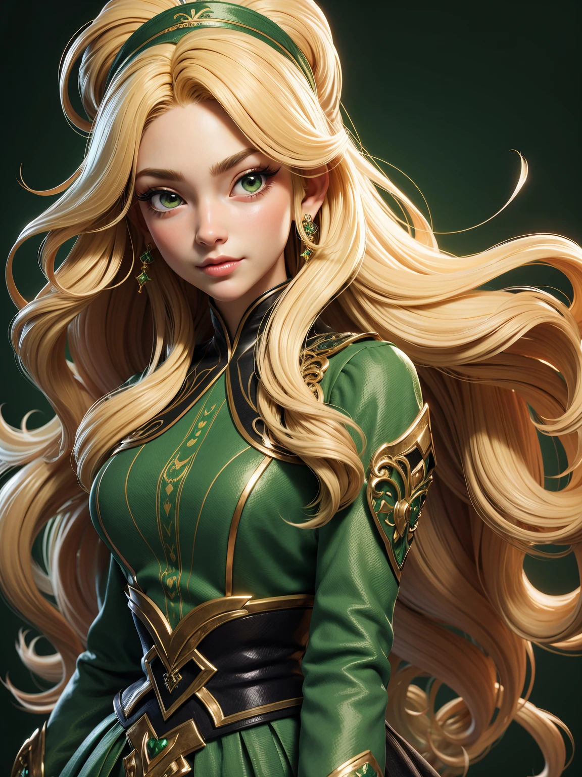 3dmm style,(masterpiece, top quality, best quality, official art, beautiful and aesthetic:1.2), (fractal art:1.3),Green clothing1girl, beautiful, high detailed, blonde hair, long hair, wavy hair, hairband, makeup, eyeshadow, mascara, lipstick, dark lighting, serious face,