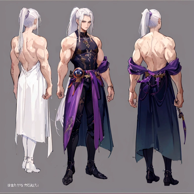 (Masterpiece, best quality), detailed, 1 man, ((character concept art)), ((character design sheet, same character, front, side, back)), full body, body complete, 1 Male, 1 Man, Detailed face, character design sheet,full bodyesbian, Highly detailed, character sheet, character design, Many parts, dark skin, angel wings, long ponytail purple hair, male angel outfit, masculine, muscle male god, muscle man, male muscle, manly, male angel, Muscle male with purple long ponytail hair, beautiful man