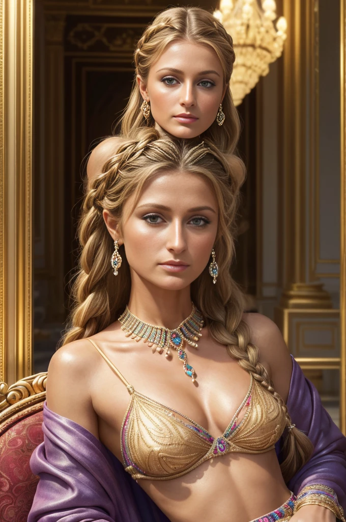 Realistic photo of a beautiful mature woman, Paris Hilton, (skin texture:1.1), (detailed eyes), (brown hair), (braided hair), (detailed face), (skin pores), (legs), (broad shoulders), (lean perfect body), (((extra small breasts))), pale skin, ((high detail plunging colourful royal dress)), throne room background, facing the camera, (masterpiece), (photorealistic:1.4), RAW photo, best quality, high res, rich colors, backlight, bright sunlight, cinematic lighting, film grain, raw photo, 50mm lens, Nikon D850, cool colors, golden ratio