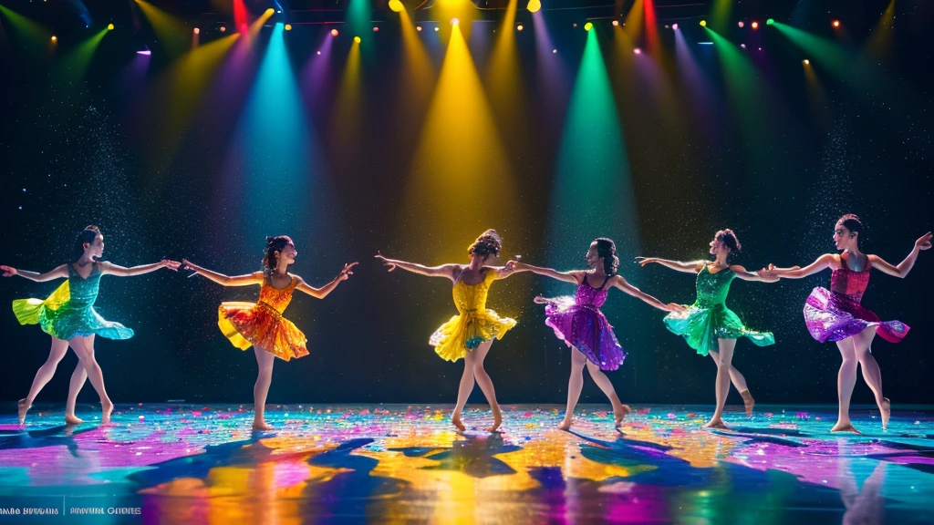 create a hyper realistic image of a colorful water droplet splashing in slow motion creating figures of a female and male  dancers dancing on a dance floor with elegant colorful dresses made of water with sparkles around the dancers twirling, with people giving a standing ovation in the background. ultra HD 64k hyperrealism studio lightning light reflection
