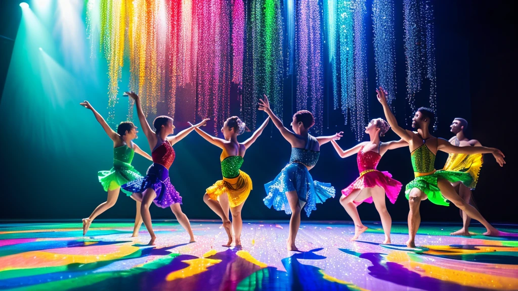 create a hyper realistic image of a colorful water droplet splashing in slow motion creating figures of a female and male dancers dancing on a dance floor with elegant colorful dresses made of water with sparkles around the dancers twirling, with people giving a standing ovation in the background. ultra HD 64k hyperrealism studio lightning light reflection