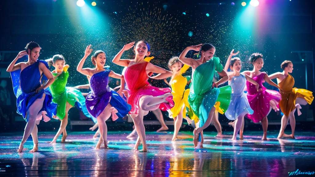 create a hyper realistic image of a colorful water droplet splashing in slow motion creating figures of a female and male dancers dancing on a dance floor with elegant colorful dresses made of water with sparkles around the dancers twirling, with people giving a standing ovation in the background. ultra HD 64k hyperrealism studio lightning light reflection