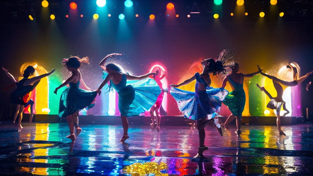 create a hyper realistic image of a colorful water droplet splashing in slow motion creating figures of a female and male dancers dancing on a dance floor with elegant colorful dresses made of water with sparkles around the dancers twirling, with people giving a standing ovation in the background. ultra HD 64k hyperrealism studio lightning light reflection