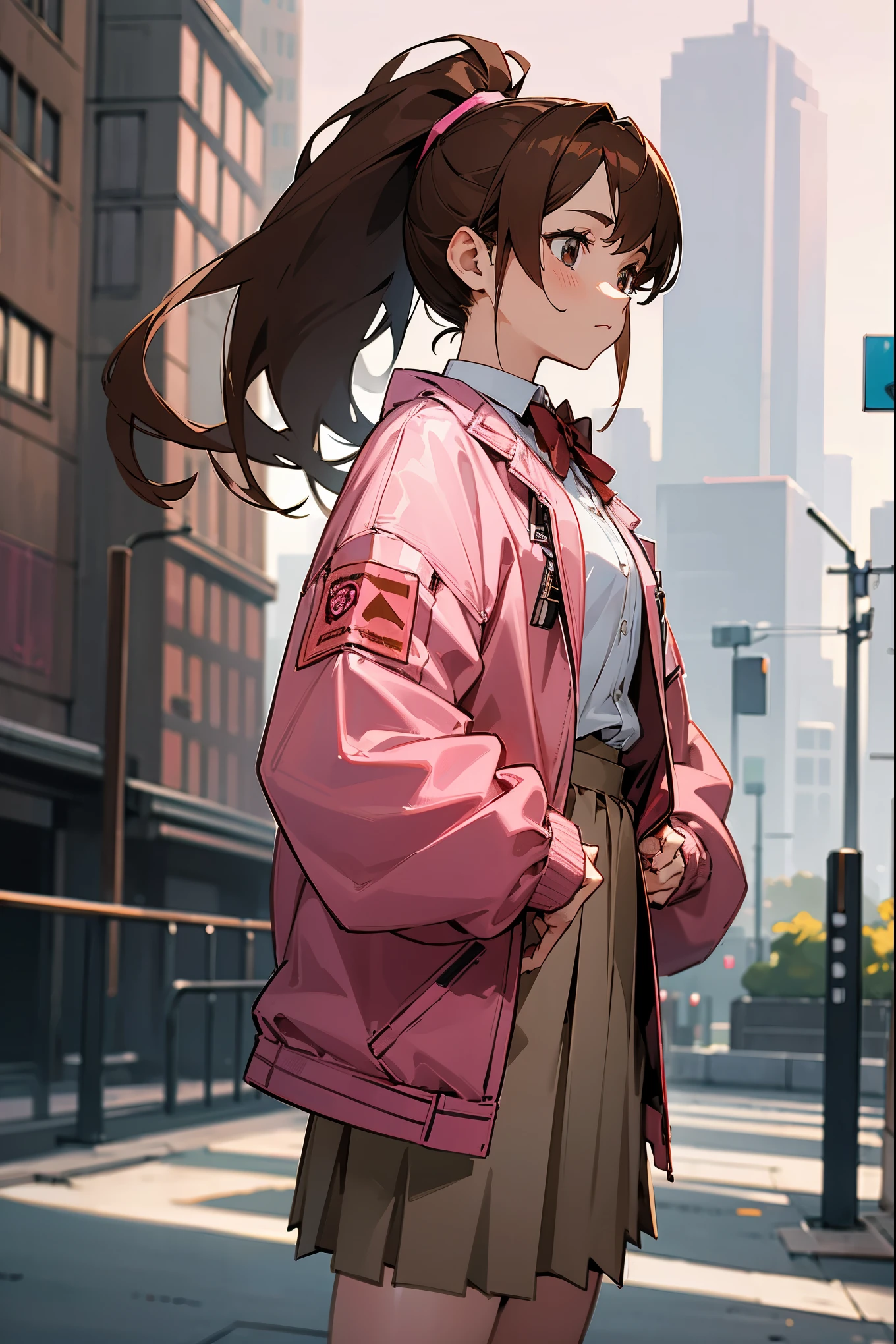 1female, brown hair, pink bowtie, ponytail, hazel eyes, maroon baggy jacket, reflective jacket, white undershirt, skirt, city background, detailed background, hands to side, standing on path