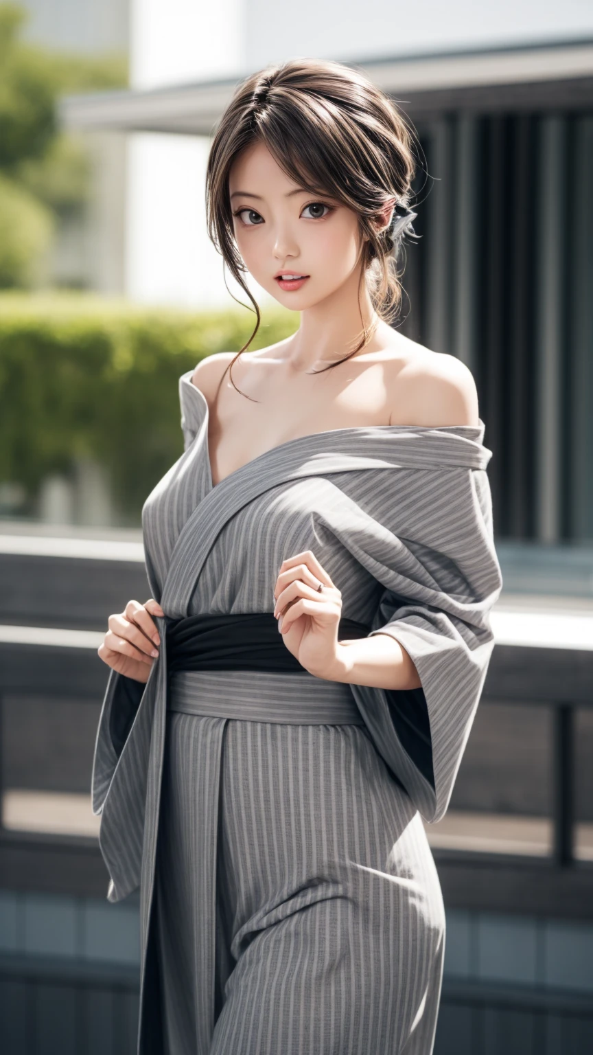 8K quality、High resolution、Realistic skin texture、High resolutionの瞳、woman、A grey yukata with the shoulders open、One-shoulder yukata、Princess Hair、thin、リアルなwoman性器、Small breasts、Realistic tongue、Gray Hair、thin脚、Wet body、Reader model、Slender model figure、Bold Pose、