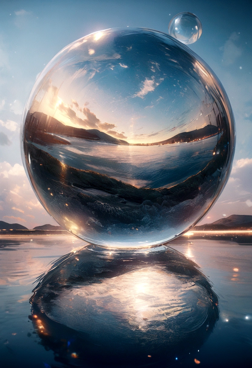 (A glass sphere depicting a soft winter sky over a frozen lake:1.2), (Silk glass sphere 1.1), Landscape Photography, Unsplash, Extremely detailed, High detail, Analog Film, Analog Lighting, nature光, 4k photos, 8k photos, ハイパーrealism, Impressionism, Romanticism, Conceptual Art, Surrealism, realism, Cinema Lighting, Shine, Shine光, God's Rays, Ray Tracing, reflected light, bloom, Film Grain, Optical illusion, Lens flare, Caustics, Exposure, Bokeh, 超High resolution, masterpiece, Super detailed, Attention to detail, high quality, Awards, 最high quality, High resolution, 16k, 8k, 4K, nature