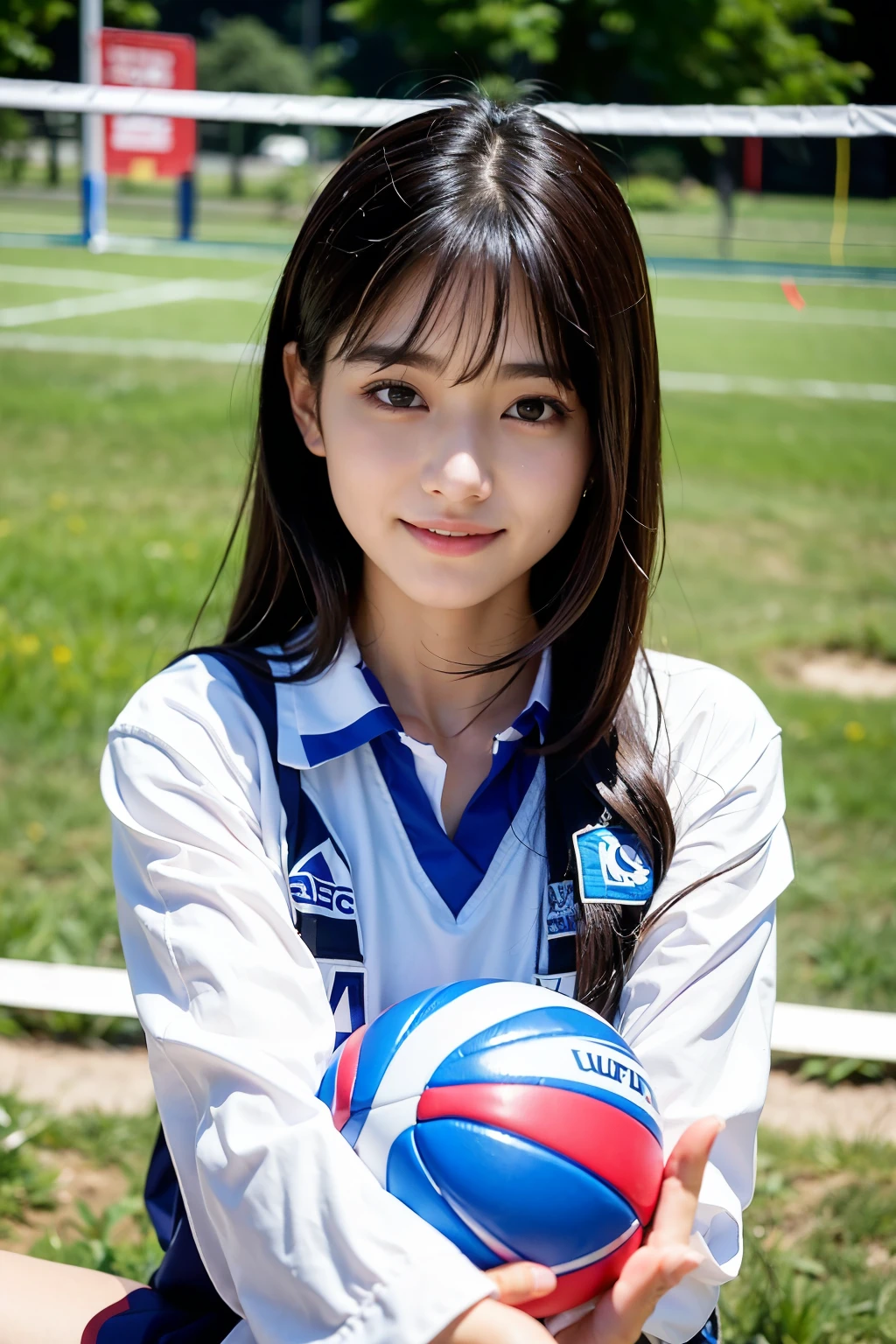 ((highest quality, masterpiece, Ultra-high resolution, (Realistic:1.4), RAW Photos)), Esbian all over, One Girl, Famous idols of Japan, , Volleyball Uniforms、 View Viewer, Very cute face, Kind eyes、Very beautiful black hair, Long Bob Hair、Detailed face, Fine grain, Fine hair, A girl with a pure and innocent image, Laughter、