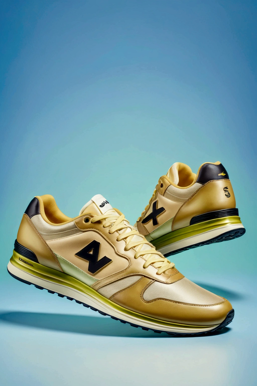 A pair of sneakers,Background clean light yellow green gradient color,Only shoes appear,The shoes must be seen all over the body,Shoes are shiny,Fine details,HD resolution,Best picture quality,Higher quality,High Detail,Ultra-high resolution,8K resolution,masterpiece