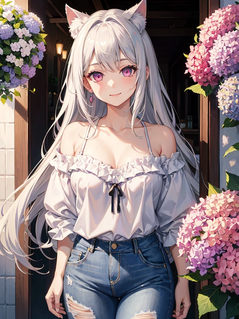 masterpiece,highest quality,8k quality ,Highly detailed face,fine grain,Waterfront,Highlighted eyes, medium breasts ,pretty girl,smile,Cat ear,Beautiful silver hair,Pink inside,Beautiful pink eyes,Oversized shirt、Hydrangea, distressed jeans
