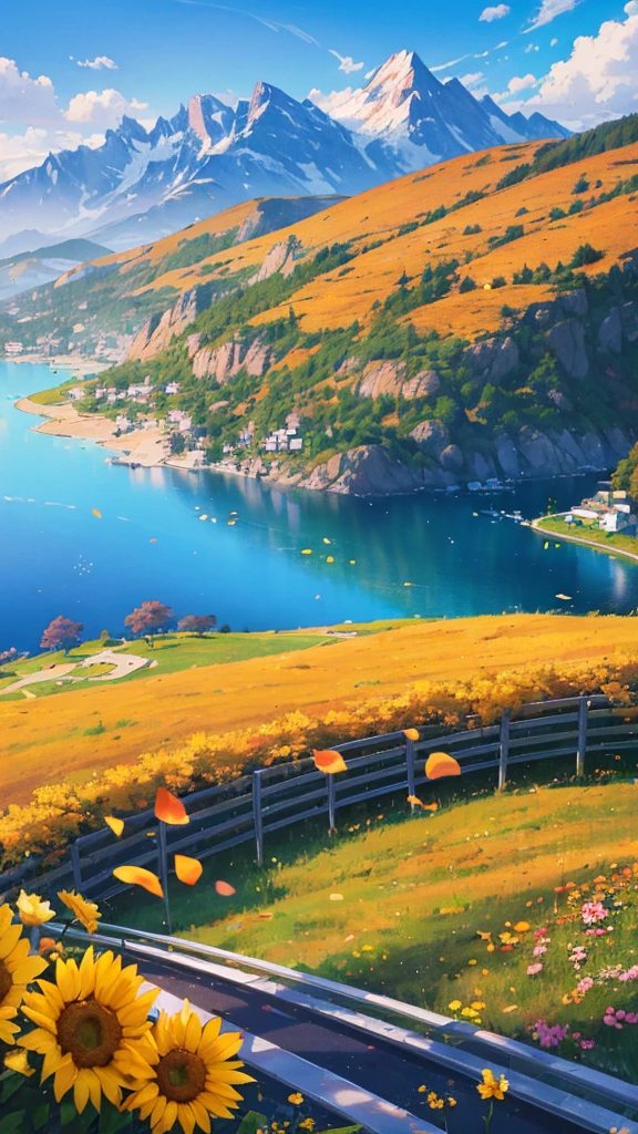 (best quality:1.4),(Best results:1.4),(Ultra-clear picture quality:1.4),(Ultra-sharp details:1.2),Summer solstice poster,summer,highway,Sunlight,hillside,Flowers,Distant Mountains,Skyline,Blue sky,Buildings in the distance,