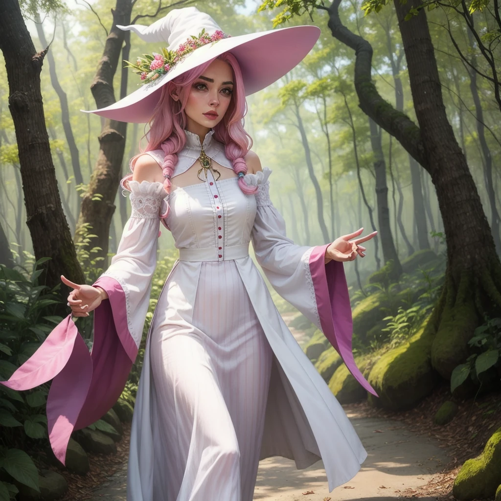 make a woman, with pink hair and white clothes like a nature witch