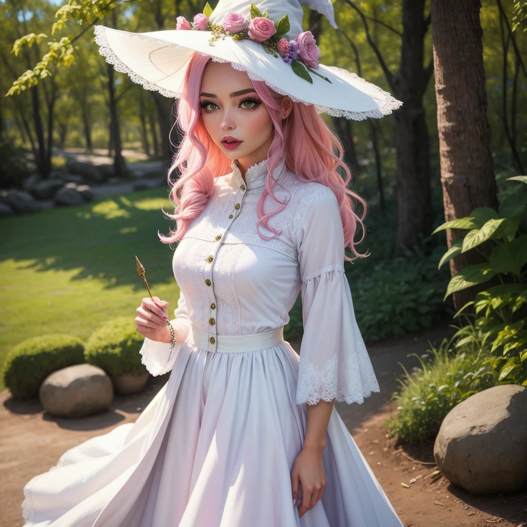 make a woman, with pink hair and white clothes like a nature witch