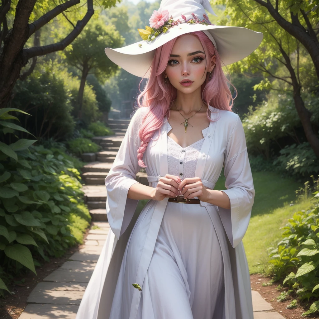 make a woman, with pink hair and white clothes like a nature witch