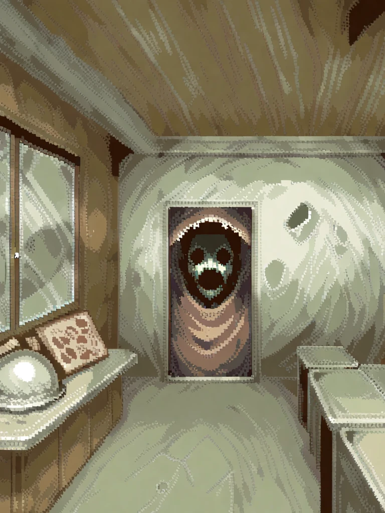 visual novel background, horror, brown black and red colors, creepy, inside of a restaurant, pixel art. 