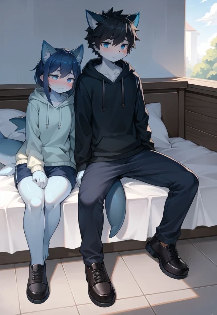 (Shark, furry, anthropomorphic), female, sitting on bed, (Wolf) male sitting next to, bedroom background, outside, not wearing pants, wearing woodland camo hoodie, Furry art, light blue arms, big Shark tail, light blue legs, (light blue skin, whole body, Best quality, human like body figure), Noon, black hair, wearing black shoes, face blush,