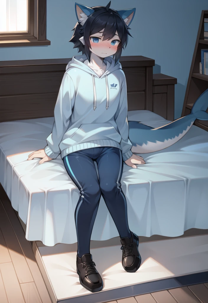 (Shark, furry, anthropomorphic), female, sitting on bed, (Wolf) male sitting next to, bedroom background, outside, not wearing pants, wearing woodland camo hoodie, Furry art, light blue arms, big Shark tail, light blue legs, (light blue skin, whole body, Best quality, human like body figure), Noon, black hair, wearing black shoes, face blush,