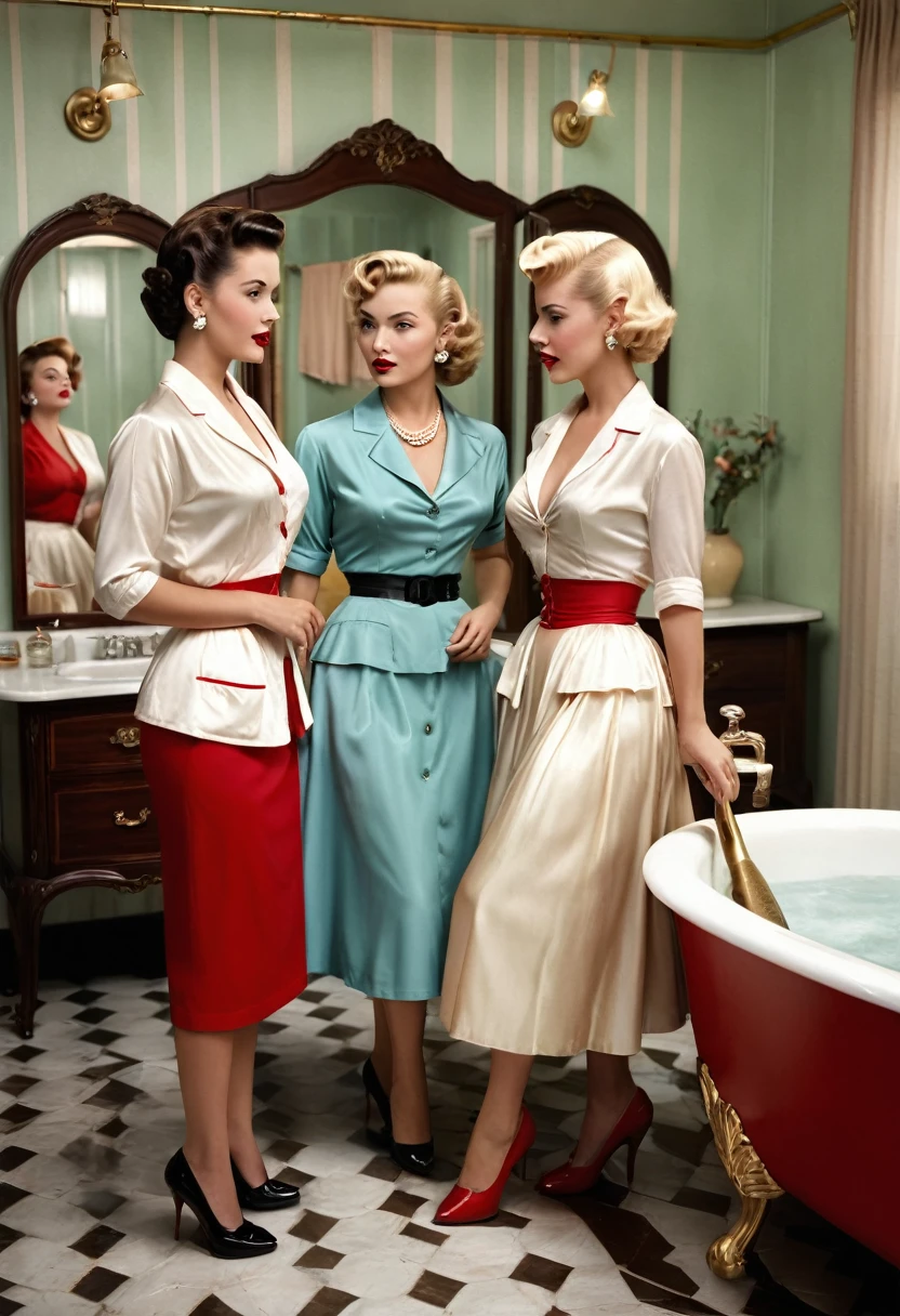 (RAW, Best quality, high resolution, Masterpiece: 1.3), Beautiful scene from the 1950s, ((Hombres y mujeres de los 50s)), ((With typical clothes from the 50s)), enjoying themselves at home in a luxuary bathroom, ((scenery set in a very big bathroom)), 1950s cinematic, image super defined, ((Personas y lugar Hiperrealismo)), 8k. The scene transports us back to the era of the 1950s, filled with classy women dressed in the fashion of that time. white silk, They are gathered around a nude blonde woman,the girls are wearing typical clothes from the 50s, low cut dresses, and sexy red underwear,