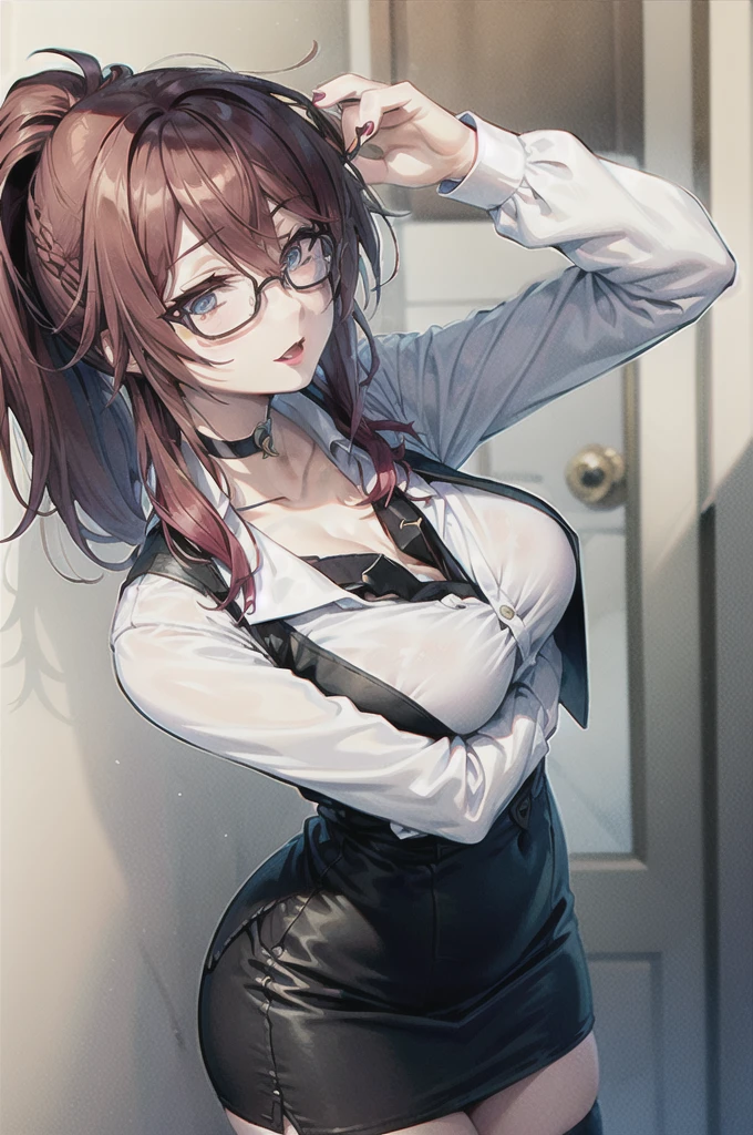 cel shading, detailed eyes, highly detailed, masterpiece, best quality, solo woman, black square glasses, hair between eyes, long side locks, long dark red hair, detailed nose, red lipstick, hair in long ponytail, ponytail, black choker, pencil skirt, white long sleeve, black vest, stockings, 