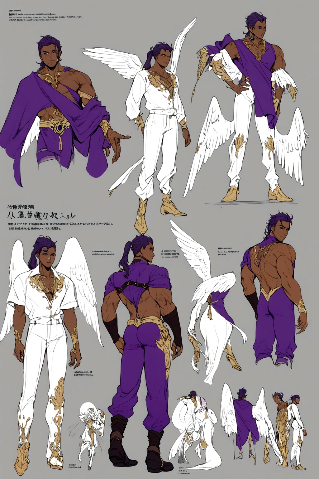 (Masterpiece, best quality), detailed, 1 man, ((character concept art)), ((character design sheet, same character, front, side, back)), full body, body complete, 1 Male, 1 Man, Detailed face, character design sheet,full bodyesbian, Highly detailed, character sheet, character design, Many parts, dark skin, angel wings, long ponytail purple hair, male angel outfit, masculine, muscle male god, muscle man, male muscle, manly, male angel, Muscle male with purple long ponytail hair, beautiful man