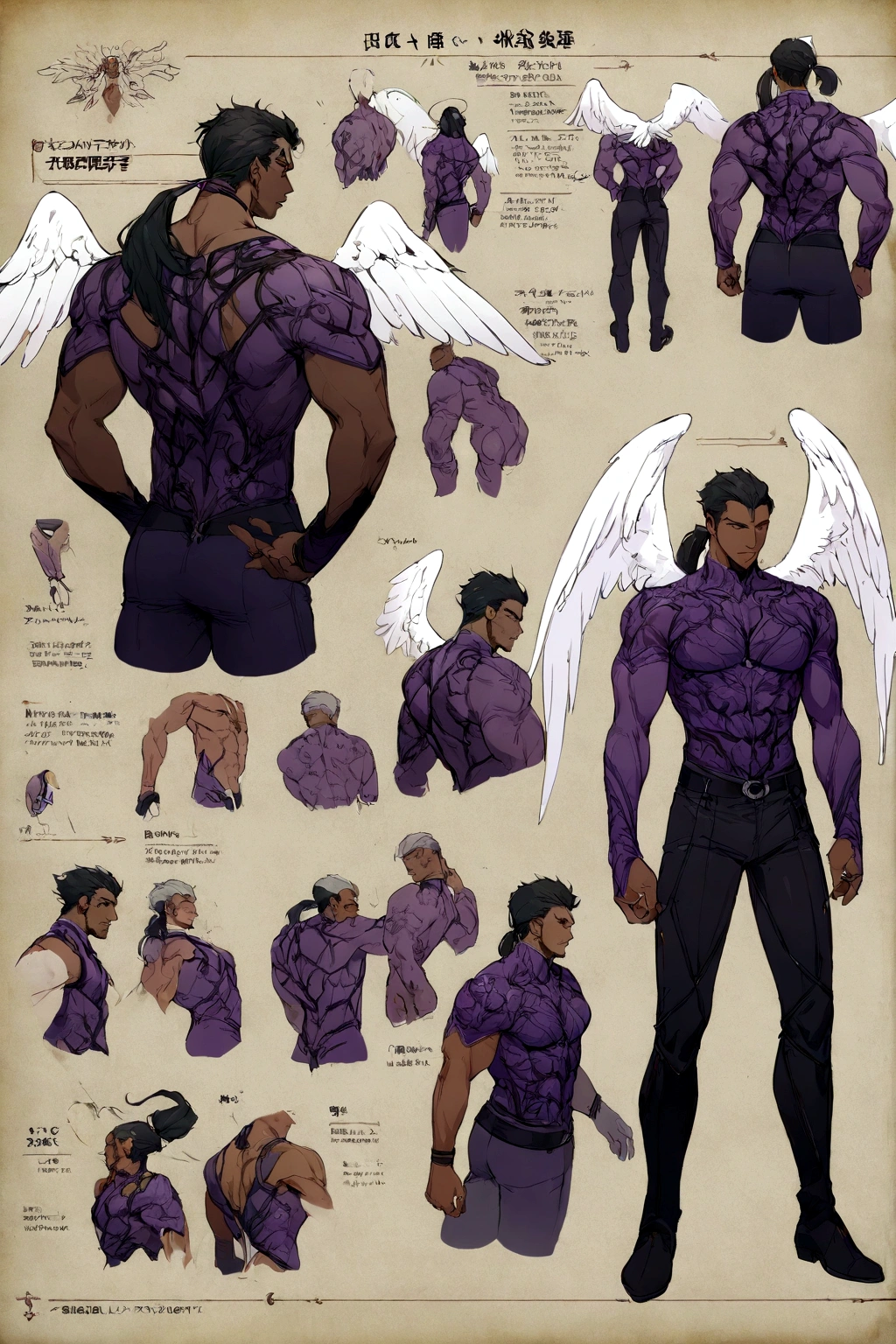 (Masterpiece, best quality), detailed, 1 man, ((character concept art)), ((character design sheet, same character, front, side, back)), full body, body complete, 1 Male, 1 Man, Detailed face, character design sheet,full bodyesbian, Highly detailed, character sheet, character design, Many parts, dark skin, angel wings, long ponytail purple hair, male angel outfit, masculine, muscle male god, muscle man, male muscle, manly, male angel, Muscle male with purple long ponytail hair, beautiful man