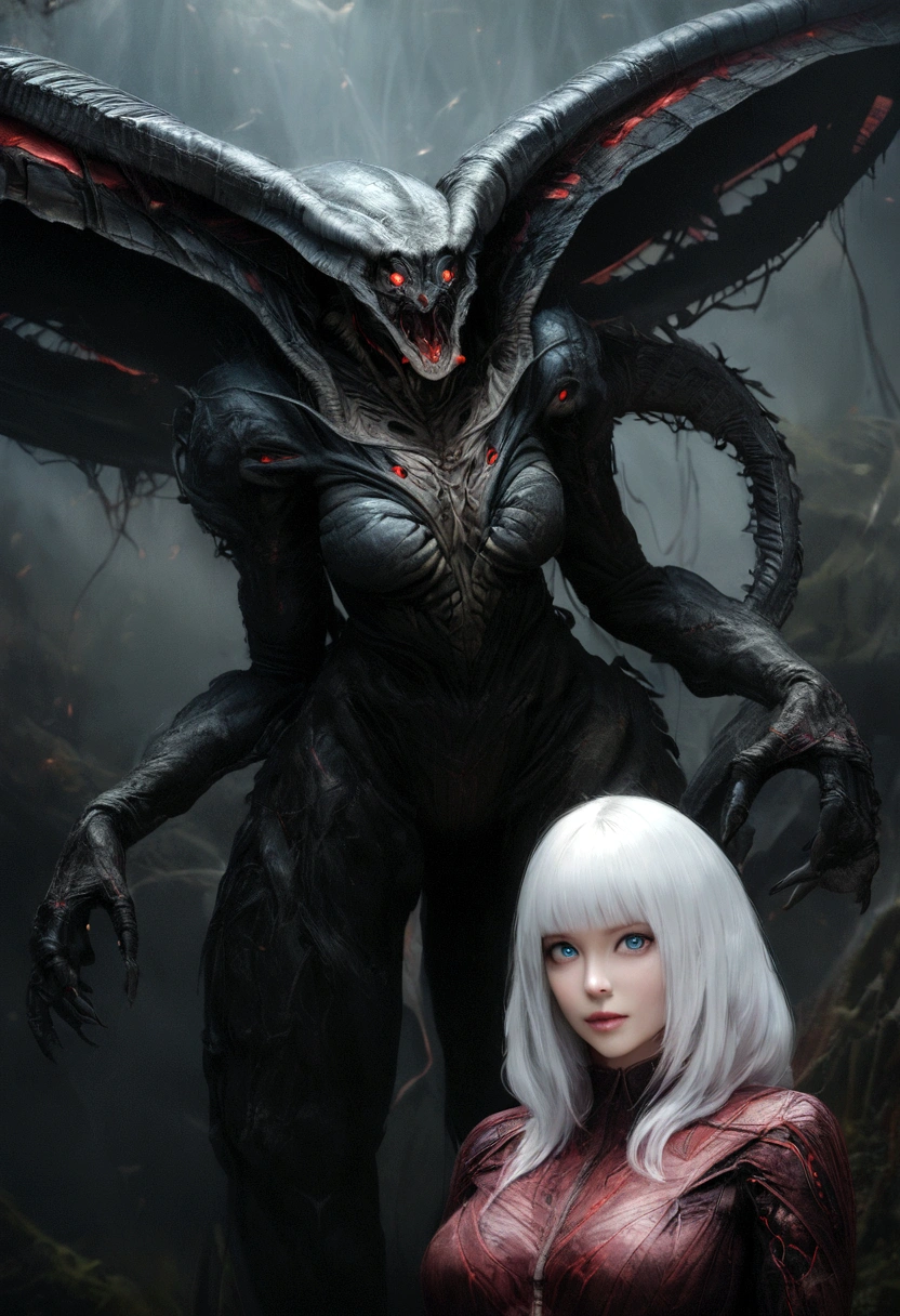 Large breasted lady as an xenomorph from the alien movie series. Super detailed, hires, 8K, deph of field, photo-realistic. dark gloomy background, monstrous, (white hair with blue and red tips), blue eyes