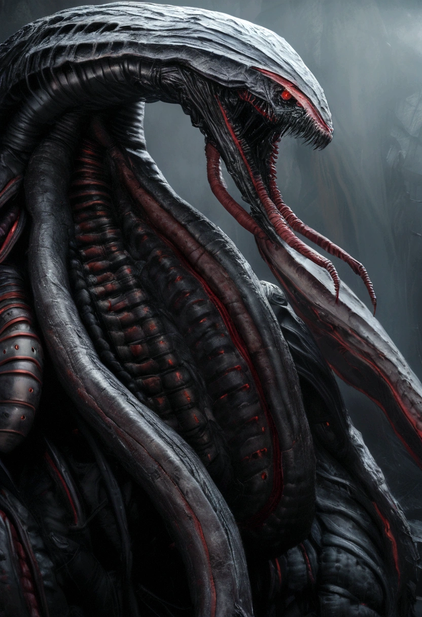 Large breasted lady as an xenomorph from the alien movie series. Super detailed, hires, 8K, deph of field, photo-realistic. dark gloomy background, monstrous, (white hair with blue and red tips), blue eyes